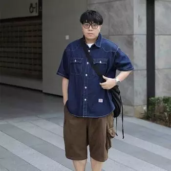 Японский ретро модный бренд летняя свободная джинсовая рубашка с короткими рукавами художественная молодежная рабочая рубашка мужская и женская многослойная куртка M темно-синий