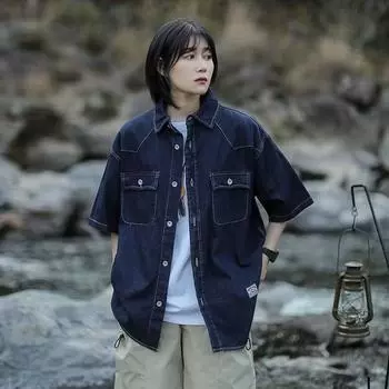 Японский ретро модный бренд летняя свободная джинсовая рубашка с короткими рукавами художественная молодежная рабочая рубашка мужская и женская многослойная куртка M темно-синий