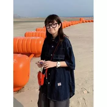 Японский ретро модный бренд летняя свободная джинсовая рубашка с короткими рукавами художественная молодежная рабочая рубашка мужская и женская многослойная куртка M темно-синий