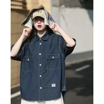 Японский ретро модный бренд летняя свободная джинсовая рубашка с короткими рукавами художественная молодежная рабочая рубашка мужская и женская многослойная куртка M темно-синий