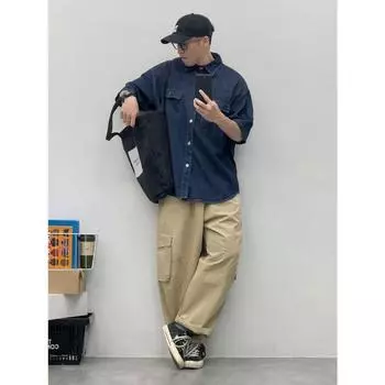 Японский ретро модный бренд летняя свободная джинсовая рубашка с короткими рукавами художественная молодежная рабочая рубашка мужская и женская многослойная куртка M темно-синий