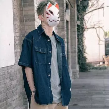 Японский ретро модный бренд летняя свободная джинсовая рубашка с короткими рукавами художественная молодежная рабочая рубашка мужская и женская многослойная куртка M темно-синий