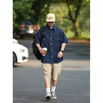 Японский ретро модный бренд летняя свободная джинсовая рубашка с короткими рукавами художественная молодежная рабочая рубашка мужская и женская многослойная куртка M темно-синий