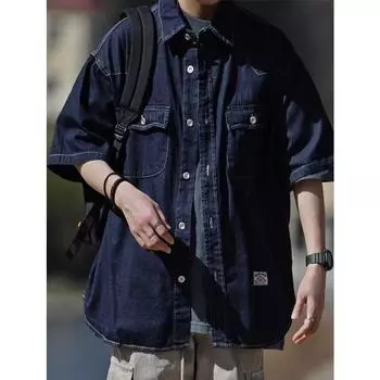 Японский ретро модный бренд летняя свободная джинсовая рубашка с короткими рукавами художественная молодежная рабочая рубашка мужская и женская многослойная куртка M темно-синий