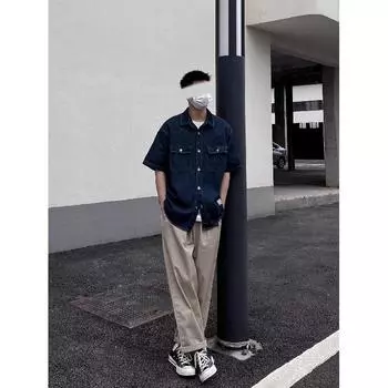 Японский ретро модный бренд летняя свободная джинсовая рубашка с короткими рукавами художественная молодежная рабочая рубашка мужская и женская многослойная куртка M темно-синий