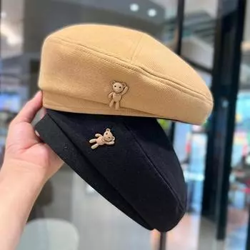 Японский ретро мультфильм медведь берет дети осень и зима Интернет знаменитость сладкий темперамент шерстяной художник шляпа бутон шляпа чёрный