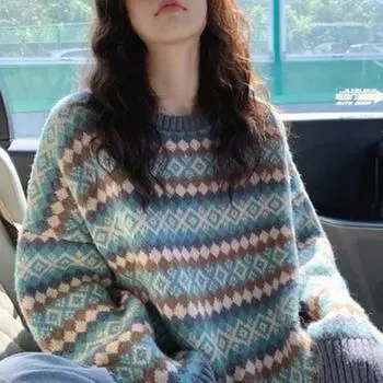 Японский ретро жаккардовый ромбовидный свободный пуловер вязаный свитер для студенток 2024 года новая верхняя одежда осень-зима ленивый стиль One size оранжевый