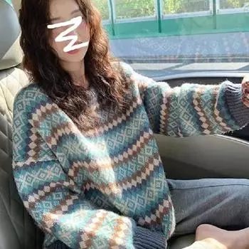 Японский ретро женский свитер полосатый жаккардовый топ с круглым вырезом женский свободный ленивый стиль теплый пуловер Average size