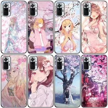 Японский розовый сакура аниме девушка силиконовый чехол для телефона для Xiaomi Redmi Note 11 10 9 8 Pro 11T 10T 10S 9S 8T 9 9A 9C 9T черный чехол Redmi 8
