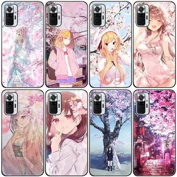 Японский розовый сакура аниме девушка силиконовый чехол для телефона для Xiaomi Redmi Note 11 10 9 8 Pro 11T 10T 10S 9S 8T 9 9A 9C 9T черный чехол Redmi 9