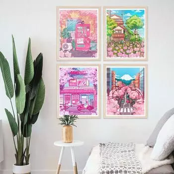 Японский Сакура Холст Картина Плакаты Пейзаж Животные Кошки Настенные художественные принты Путешествия Фотографии для Гостиная Украшение дома 21x30cm No Framed белый