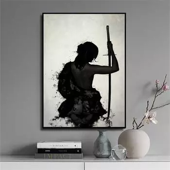Японский самурай, черно-белая картина, украшение, настенная роспись, постер, холст, живопись и настенные художественные принты для современного домашнего декора, без рамки 21*30cm No Frame