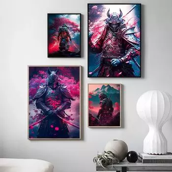 Японский самурайский пейзаж с цветущей вишней, холст, постеры и принты, настенные художественные картины для гостиной, украшения дома 21x30cm No Framed