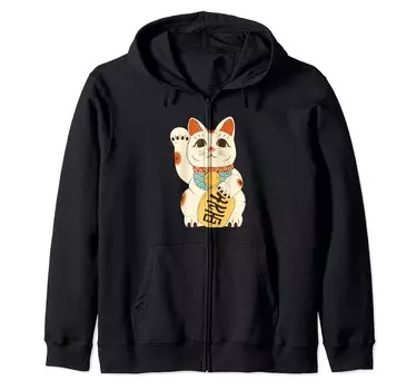 Японский счастливый японский счастливый японский счастливый Zip Cat. Кошка. Кошка. Кошка. Толстовка с капюшоном. чёрный