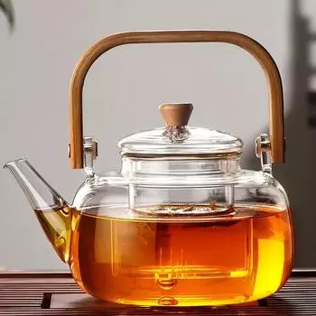 Японский стеклянный чайник объемом 1 л с бамбуковой ручкой – термостойкий заварочный чайник Teapot