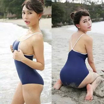 Японский стиль цельный купальник женский плюс размер пляжный бассейн плюс размер цельный купальник косплей японский школьный купальный костюм бикини L синий