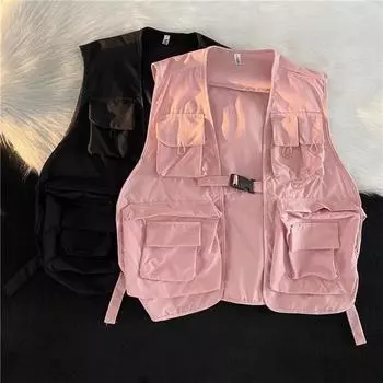 Японский стиль Cityboy функциональный рабочий жилет женский мужской весенний модный тонкий пиджак розовый жилет на плечах повседневные топы без рукавов M чёрный