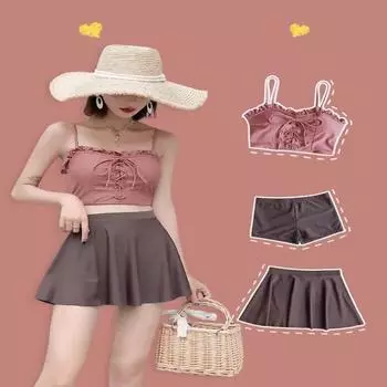 Японский стиль, дамы, милая мода, комплект из 3 предметов, однотонный купальник, мягкий топ с рюшами на шнуровке, шорты для мальчиков, юбка, купальник, скромный купальный костюм из горячих источников M тёмно-рыжий