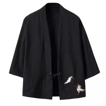 Японский стиль Длинный Короткий Японский Вышитый Японский 5 Летний Большой Открытый Воротник [YFFUSHI] Кардиган, Мужской, Парка, Рукав 3/4, Рукав, Хаори, Мужской, чёрный