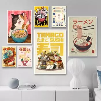Японский стиль Еда Забавный Рамэн Лапша Суши Плакат Настенная Картина на Холсте Картина для Гостиной Домашний Декор Кухни Куадрос Без Рамки 21*30cm