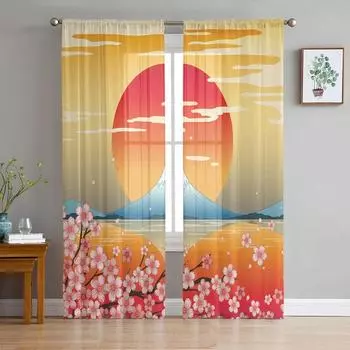 Японский стиль. Фудзи Сакура Цветущая вишня Прозрачные шторы Украшение гостиной Оконная занавеска Кухня Тюль Вуаль Шторы W135 x H115cm x1&Rod Pocket