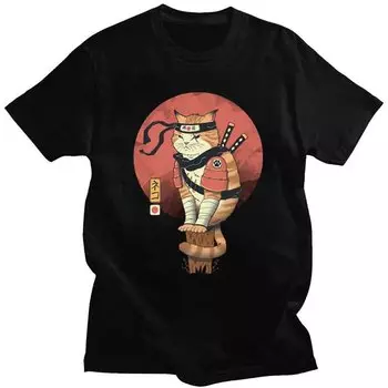 Японский стиль Харадзюку Укиё-э Сиба-ину Оранжевый кот Ретро-принт с короткими рукавами Хлопковая футболка с круглым вырезом Летняя мужская и женская футболка с половиной рукавов