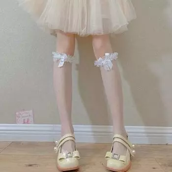 Японский стиль JK Гольфы до середины икры Женские Милые Кружевные Гольфы до икры Летние Тонкие Бант Лолита Черный шелк Average Size