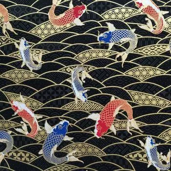 Японский стиль Koi Fish Printed бронзовая ткань золотая рыбка волна узор для кимоно сумка чонсам ручная работа Diy одежда 100x150 см