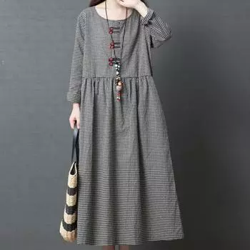 Японский стиль льняные длинные рукава клетчатые платья для женщин длинное платье большой код девушки свободного размера вечернее платье XXL чёрный