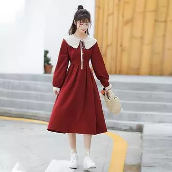 Японский стиль, осенне-зимнее милое милое платье с бантом для девочек Mori, винтажное платье с длинными рукавами S красный