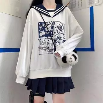 Японский стиль преппи JK студент девушка-подросток повседневная толстовка пэчворк матросский воротник мультяшный принт кавайные толстовки Bestie одежда S белый