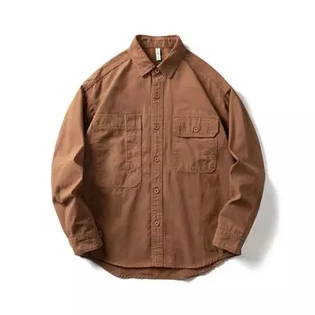 Японский стиль рабочая одежда хлопковые мужские рубашки весна/осень повседневная рубашка с длинным рукавом уличная одежда двойной карман свободный топ на пуговицах M коричневый