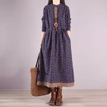 Японский стиль с принтом в стиле пэчворк, модное хлопковое льняное осеннее платье с круглым воротником, женские повседневные свободные весенние платья S красный