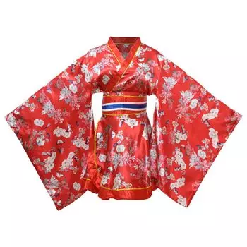 Японский стиль шелковое кимоно косплей костюм сексуальное нижнее белье цельный вечернее платье для женщин (Красный, Л) красный