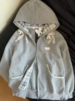 Японский стиль Street 2025 Весна Harajuku Толстовки женские кружевные банты уникальные молнии толстовки ретро толстовка женская шикарная одежда S серый