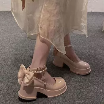 Японский стиль Толстая подошва Женские туфли Мэри Джейн Весна Новые Элегантные Перламутровый Бантик Средний каблук Универсальные Маленькие Кожаные Туфли