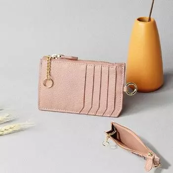 Японский стиль Ультратонкий Мини Кошелек для монет на молнии и с несколькими отделениями для карт из натуральной кожи розовый