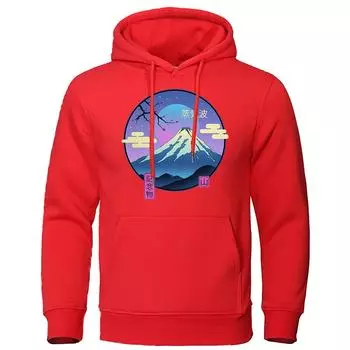 Японский стиль Vaporwave Cherry Blossom Mount Fuji Мужская толстовка с капюшоном Модные флисовые толстовки Повседневная одежда больших размеров Свободная толстовка S