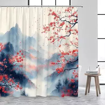 Японский стиль Занавеска для душа Городская архитектура Арочный мост Розовый цветущая сакура Закат Горный пейзаж Декор для ванной 90x180cm-35x70in