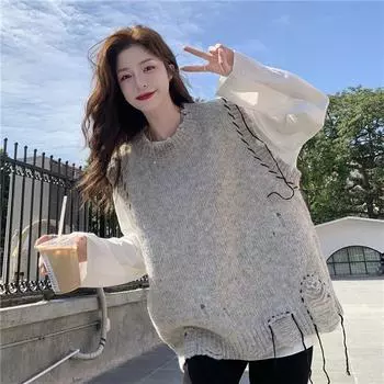 Японский стиль, женские однотонные вязаные жилеты, пуловеры без рукавов с круглым вырезом, корейские свободные осенне-весенние повседневные верхняя одежда, топ S серый