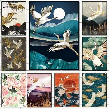 Японский стиль Золотой журавль художественные постеры и принты красивые животные настенная живопись на холсте картины для декора гостиной 21*30cm