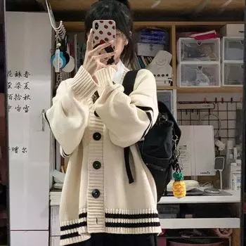 Японский студенческий кардиган, женский свитер на весну и осень 2023, дизайн с длинными рукавами и v-образным вырезом, вязаный свитер, женский кардиган One Size абрикосовый