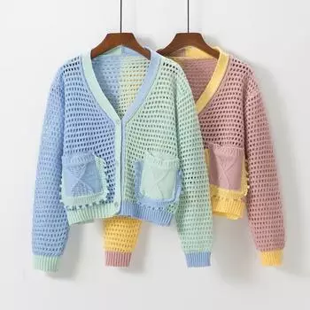 Японский свитер, кардиган, женский осенний свитер, вязаный кардиган с v-образным вырезом и контрастным цветом, женский свитер One Size розовый