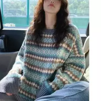 Японский свитер в ромбовидную сетку для женщин 2024 года, весна и осень, новый сращивающийся О-образный вырез, модный свободный повседневный трикотажный топ с длинными рукавами L имбирный