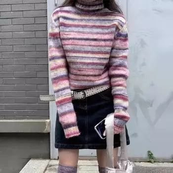 Японский свитер-водолазка Y2k, винтажный пуловер в радужную полоску, корейский модный вязаный джемпер, трикотаж Harajuku в стиле гранж S разноцветный
