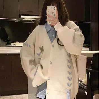 Японский свитер, женский кардиган 2023, ниша, бабочка, любовь, v-образный вырез, длинный рукав, повседневный мягкий клейкий вязаный кардиган, женский свитер One Size чёрный