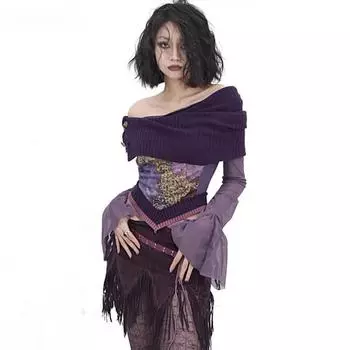 Японский топ Y2k с открытыми плечами, эстетика гранжа, трикотажный сетчатый топ, винтажная дрянная футболка 2000-х годов с расклешенными рукавами, фиолетовая футболка, готика S фиолетовый