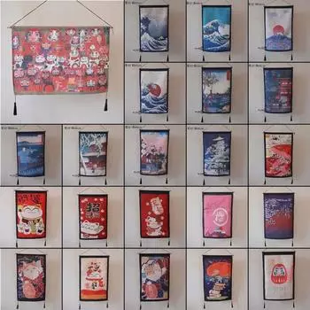 Японский Укиё-э Офис Холст Картина Счастливый Кот Повесьте Настенный Гобелен Ресторан Суши Ресторан Подвесные Картины 42x65