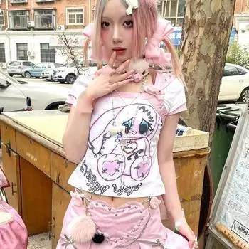 Японский укороченный топ Y2k Harajuku футболка с мультяшным принтом 2000-х годов Эстетика Лоскутная футболка винтажные розовые топы для девочек милые S розовый
