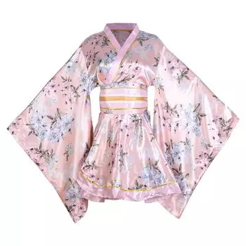 Японский узор мини-кимоно платье японский стиль юката сексуальное женское белье халат ночная рубашка костюм ёсакой цветочное платье один [HONGFU] женский (63# Розовый,
